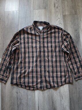 Carhartt Plaid Button Down Shirt Mens 2XL Long Sleeve Navy Beige Red Workwear